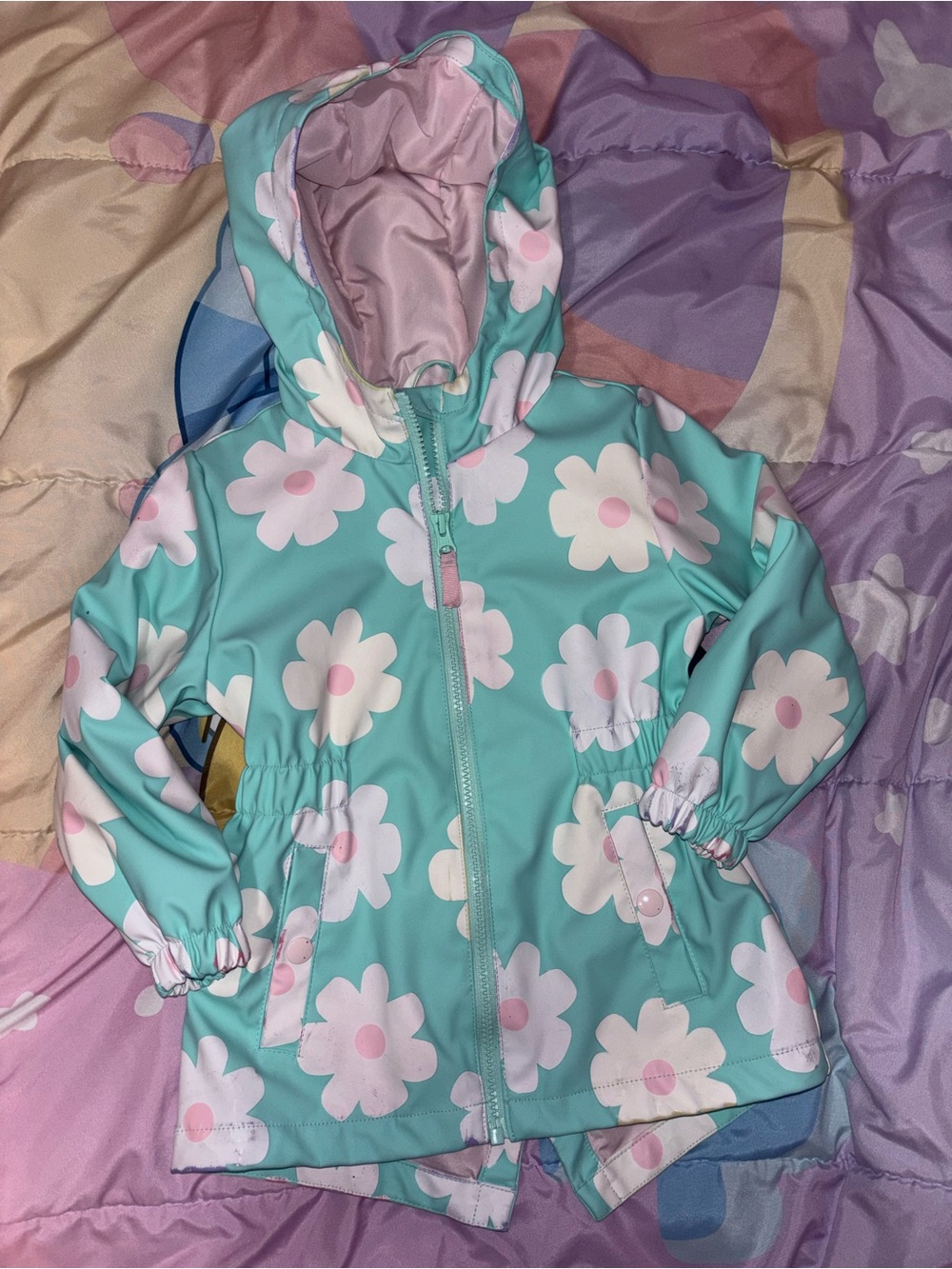 Aqua Floral Hooded Rain Jacket with Pink Accents
